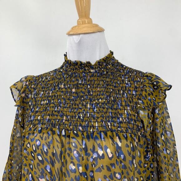 Cotton Chicks Blouse Womens S Small Multi Semi Sheer Smocked Puff Sleeve Leopard - Picture 3 of 14